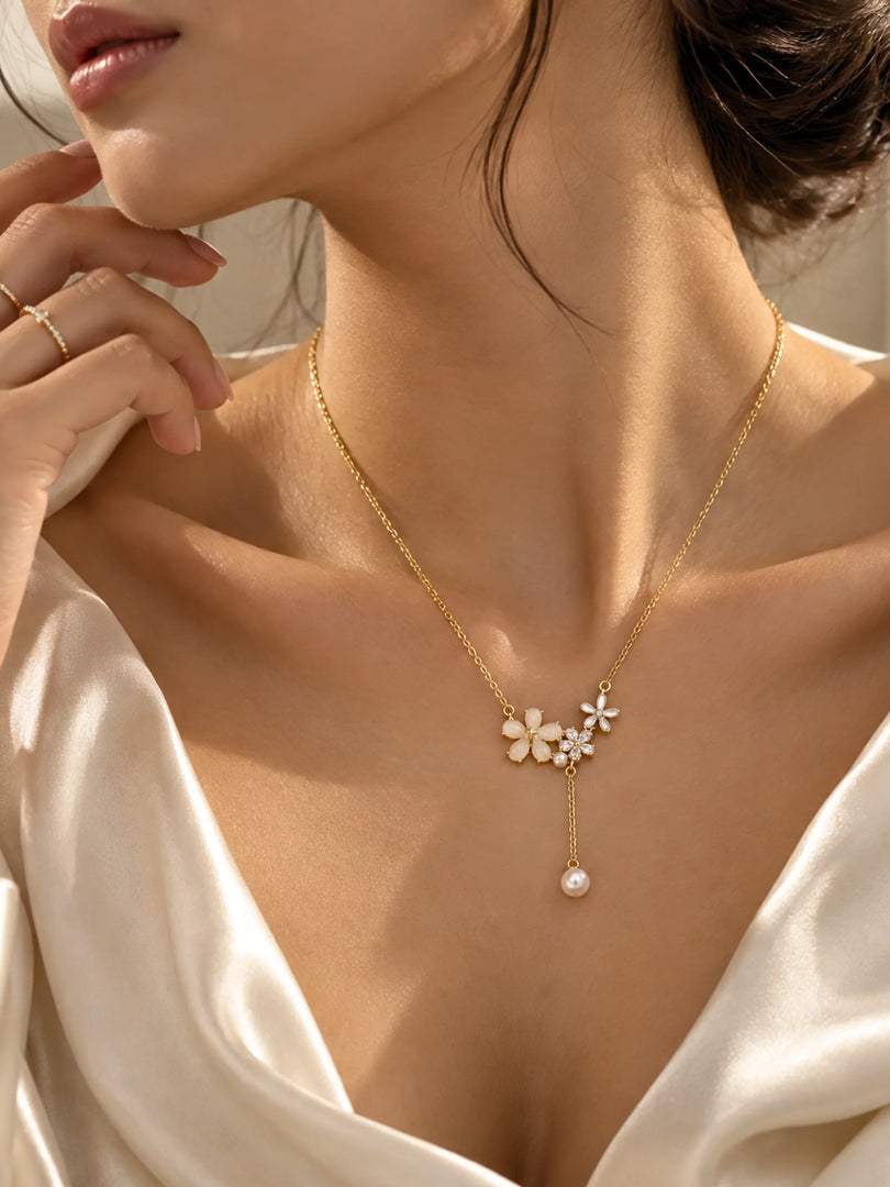 Floral Trio & Pearl Lariat Necklace