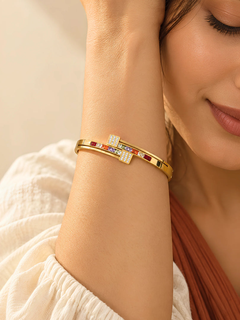 Multicolour Rainbow Nail Motif Hinged Bangle