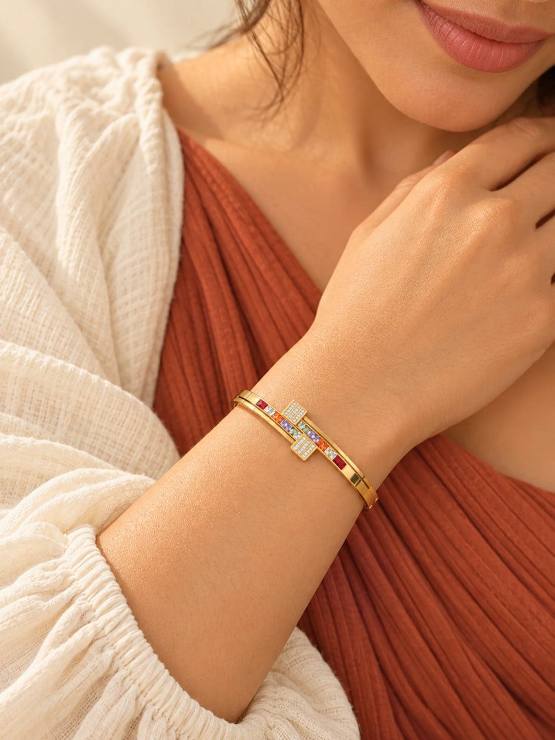 Multicolour Rainbow Nail Motif Hinged Bangle