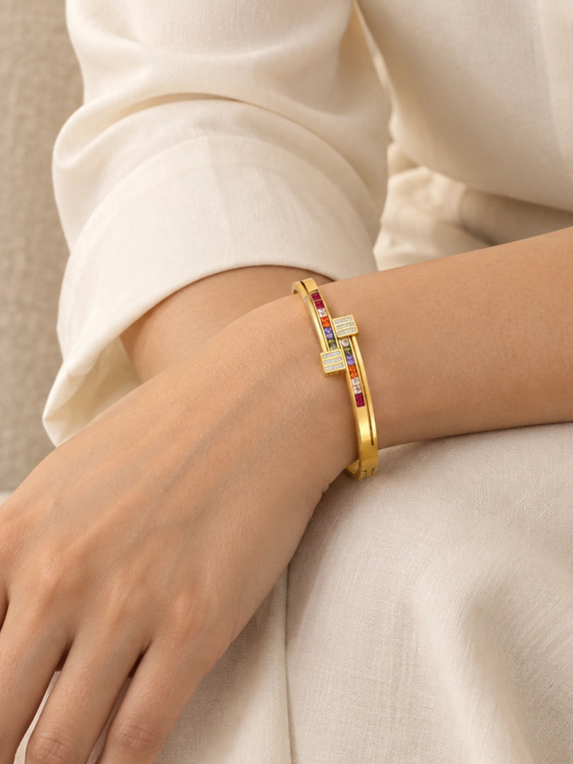 Multicolour Rainbow Nail Motif Hinged Bangle
