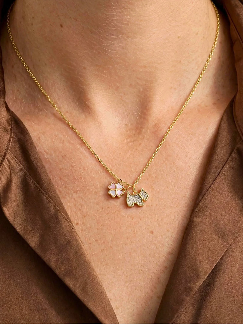 Scottie Dog & Pink Enamel Clover Charm Necklace