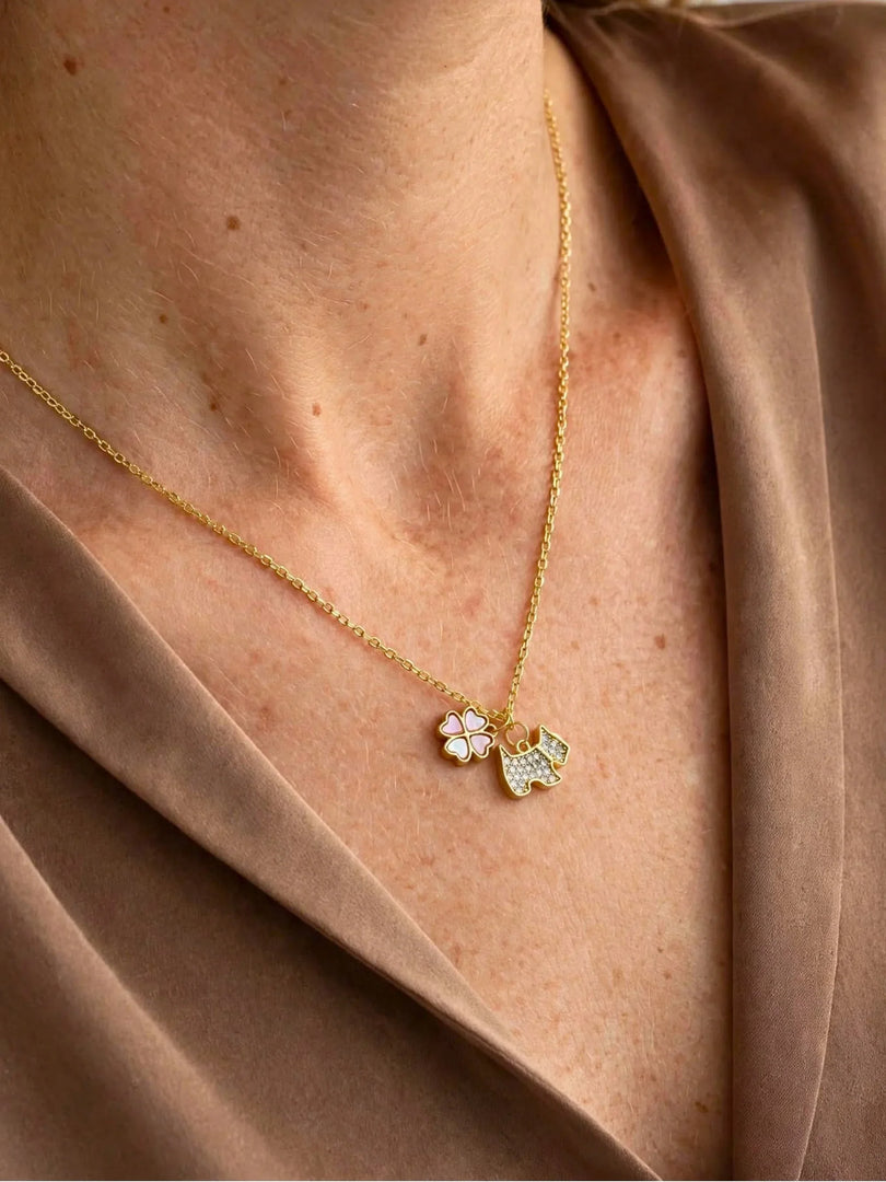 Scottie Dog & Pink Enamel Clover Charm Necklace