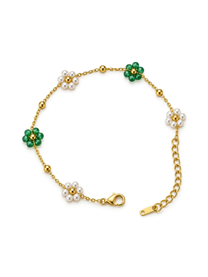 Pearl & Emerald Daisy Beaded Bracelet