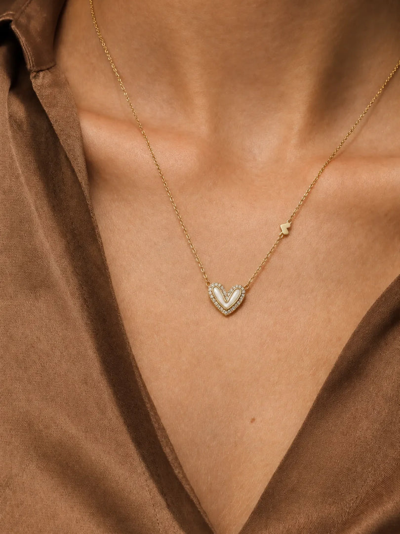 Pearl & Pave Heart Station Necklace