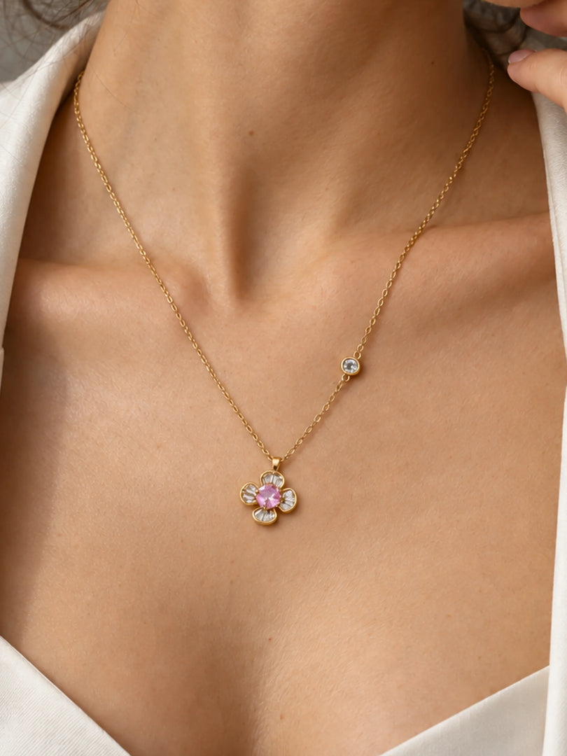 Pink Floral Baguette Station Necklace