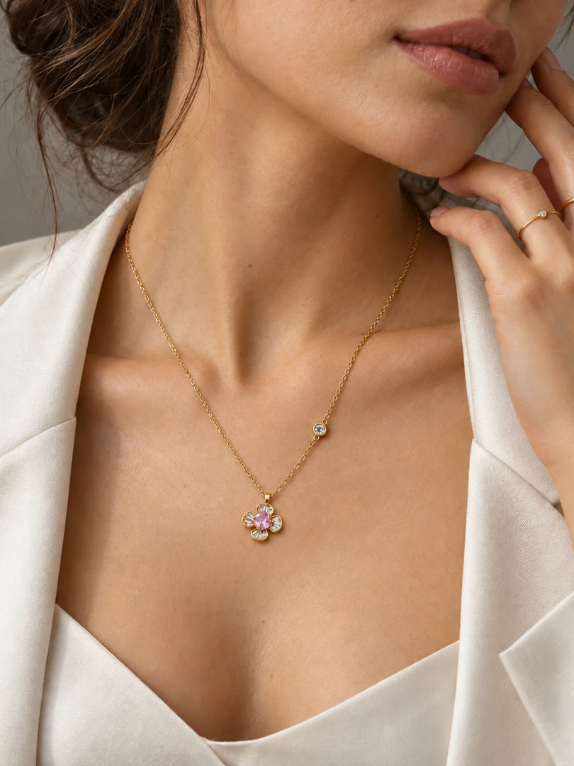 Pink Floral Baguette Station Necklace