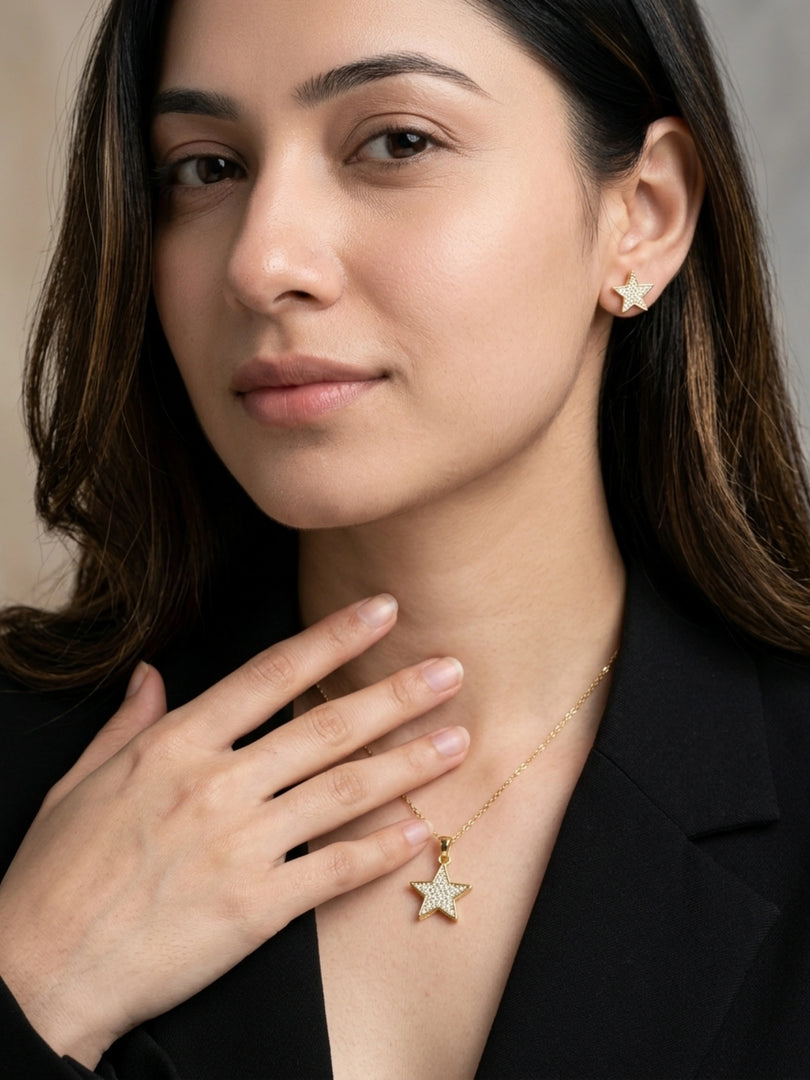 Golden Star Sparkle Pendant Necklace & Earrings Set