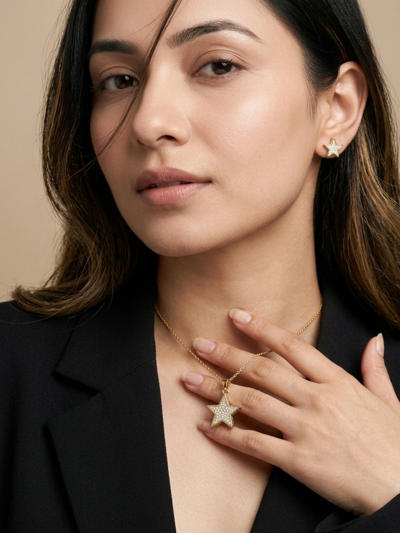 Golden Star Sparkle Pendant Necklace & Earrings Set