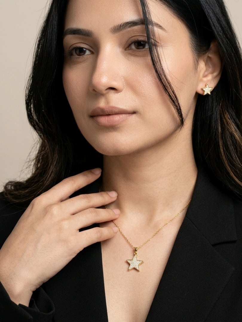 Golden Star Sparkle Pendant Necklace & Earrings Set