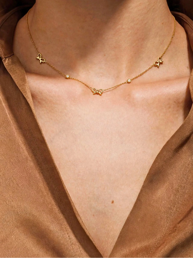 Station Bow & Crystal Charm Necklace