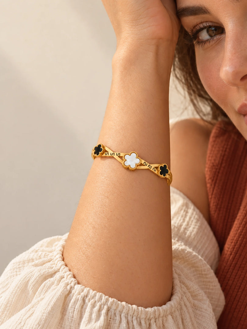 Tricolor Clover & Greek Key Bangle