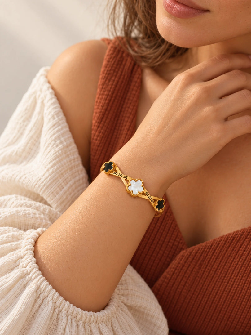 Tricolor Clover & Greek Key Bangle