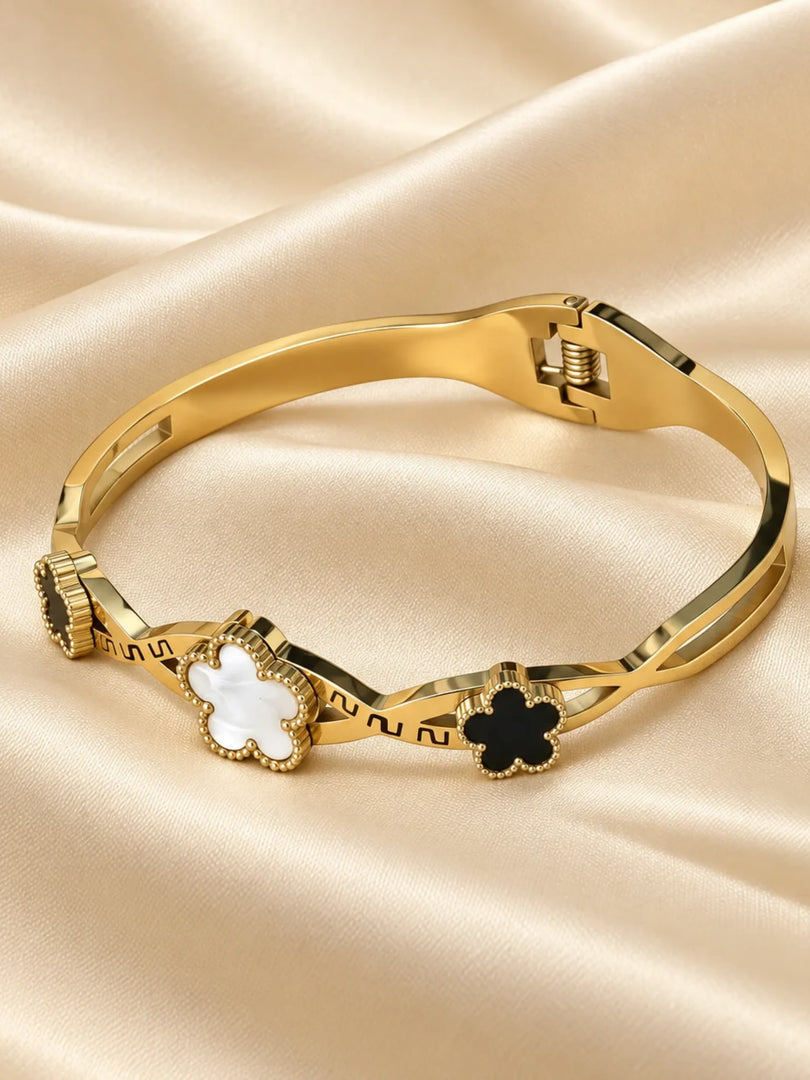 Tricolor Clover & Greek Key Bangle