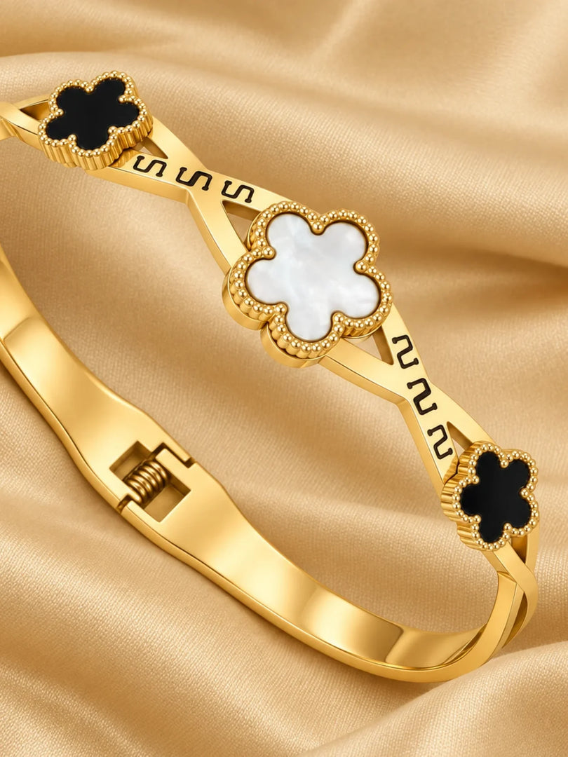 Tricolor Clover & Greek Key Bangle