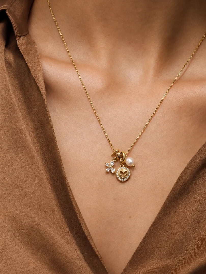 Triple Charm Pearl & Butterfly Medallion Necklace