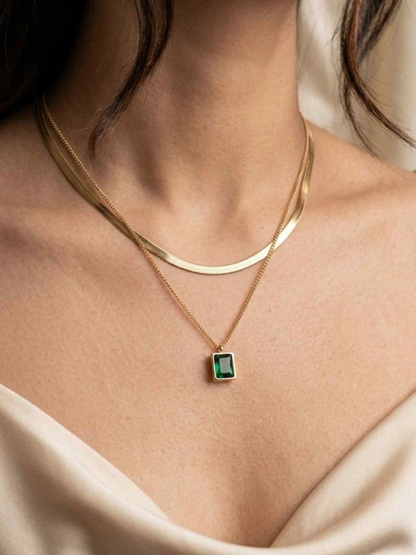 Emerald Drop Herringbone Layered Necklace