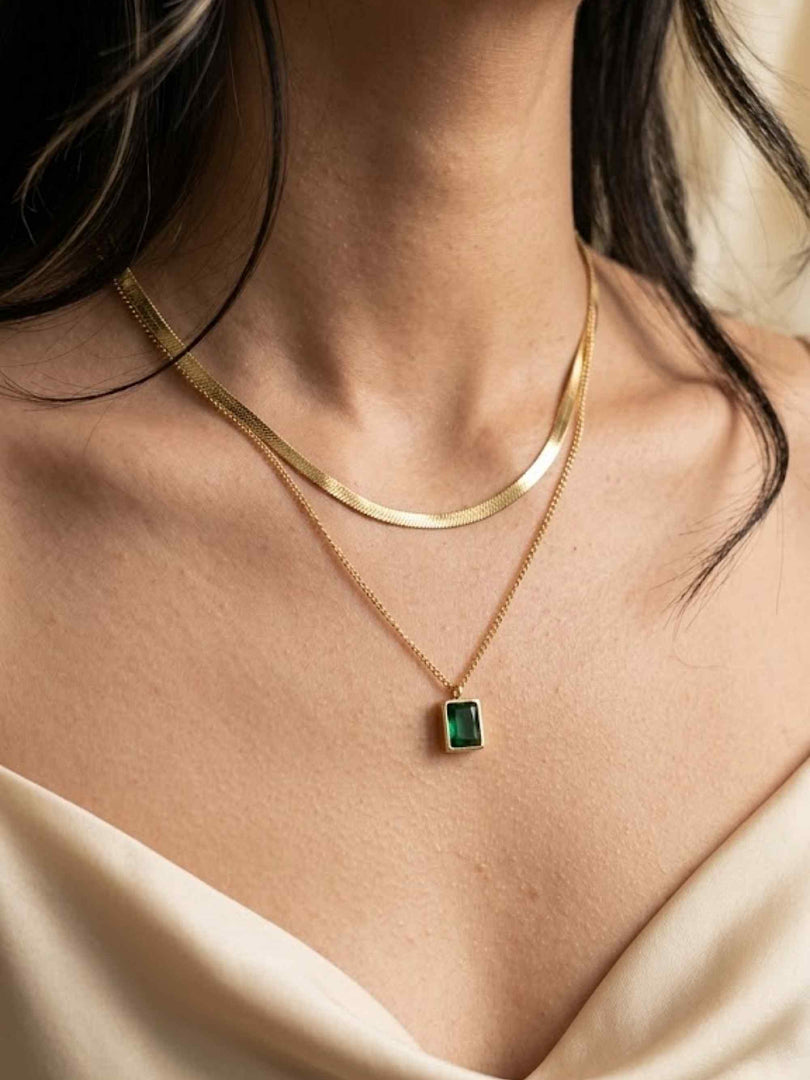Emerald Drop Herringbone Layered Necklace