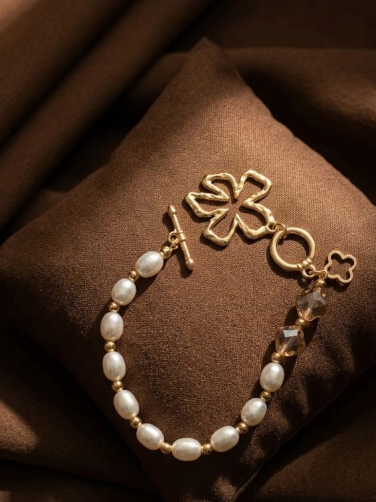 Golden Bloom Pearl Charm Bracelet