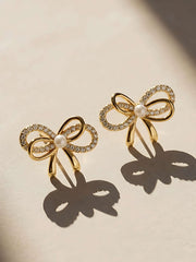 Pearl Bow Crystal Stud Earrings