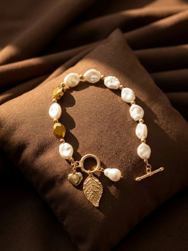 Golden Leaf Pearl Drop Bracelet