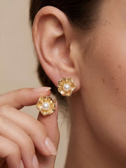 Golden Shell Pearl Stud Earrings
