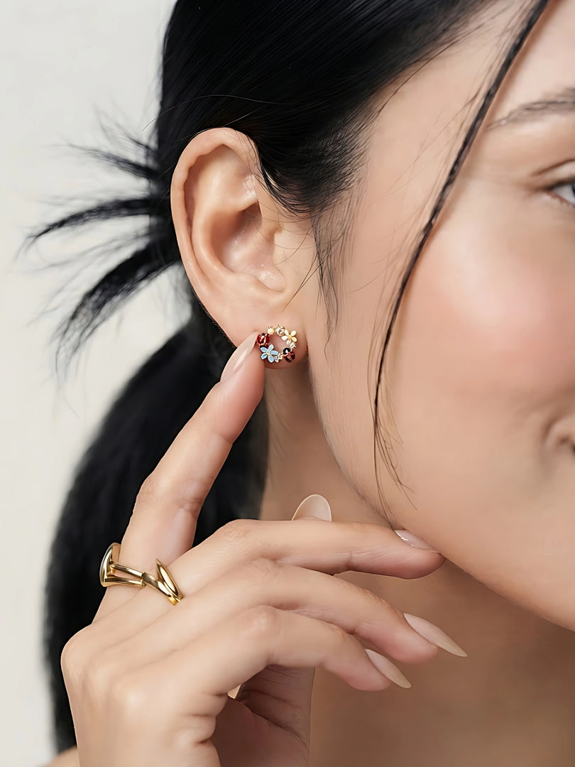 Ladybug Blossom Wreath Stud Earrings