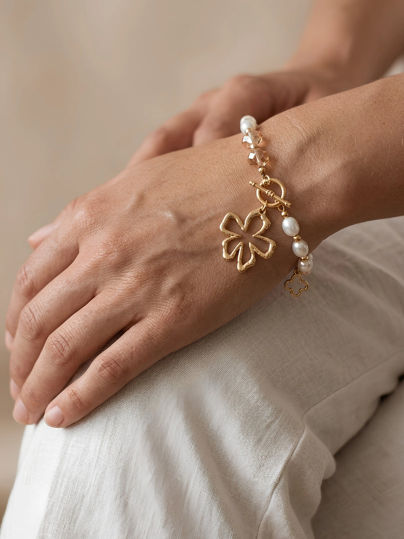 Golden Bloom Pearl Charm Bracelet