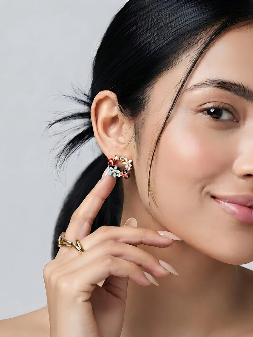 Ladybug Blossom Wreath Stud Earrings