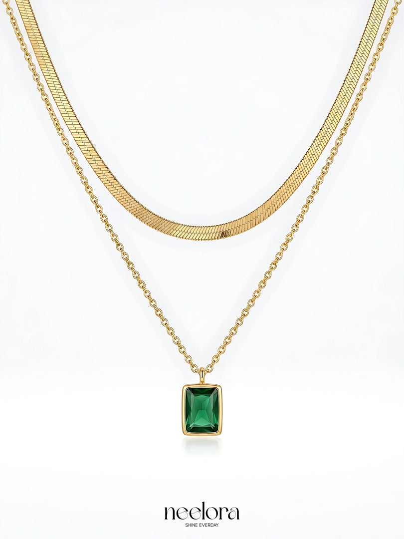 Emerald Drop Herringbone Layered Necklace