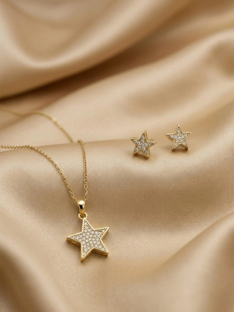 Golden Star Sparkle Pendant Necklace & Earrings Set