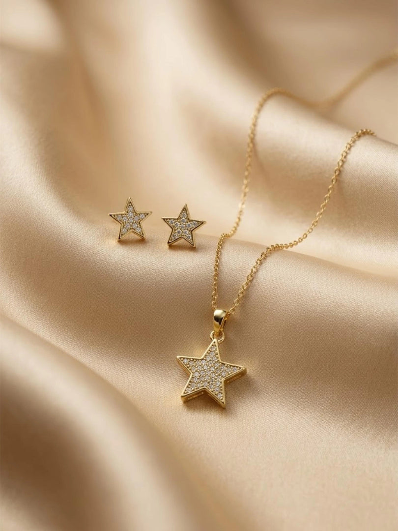 Golden Star Sparkle Pendant Necklace & Earrings Set