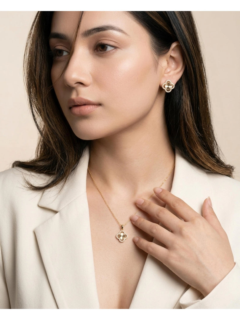 Golden Clover Sunburst Pendant Necklace & Earrings Set