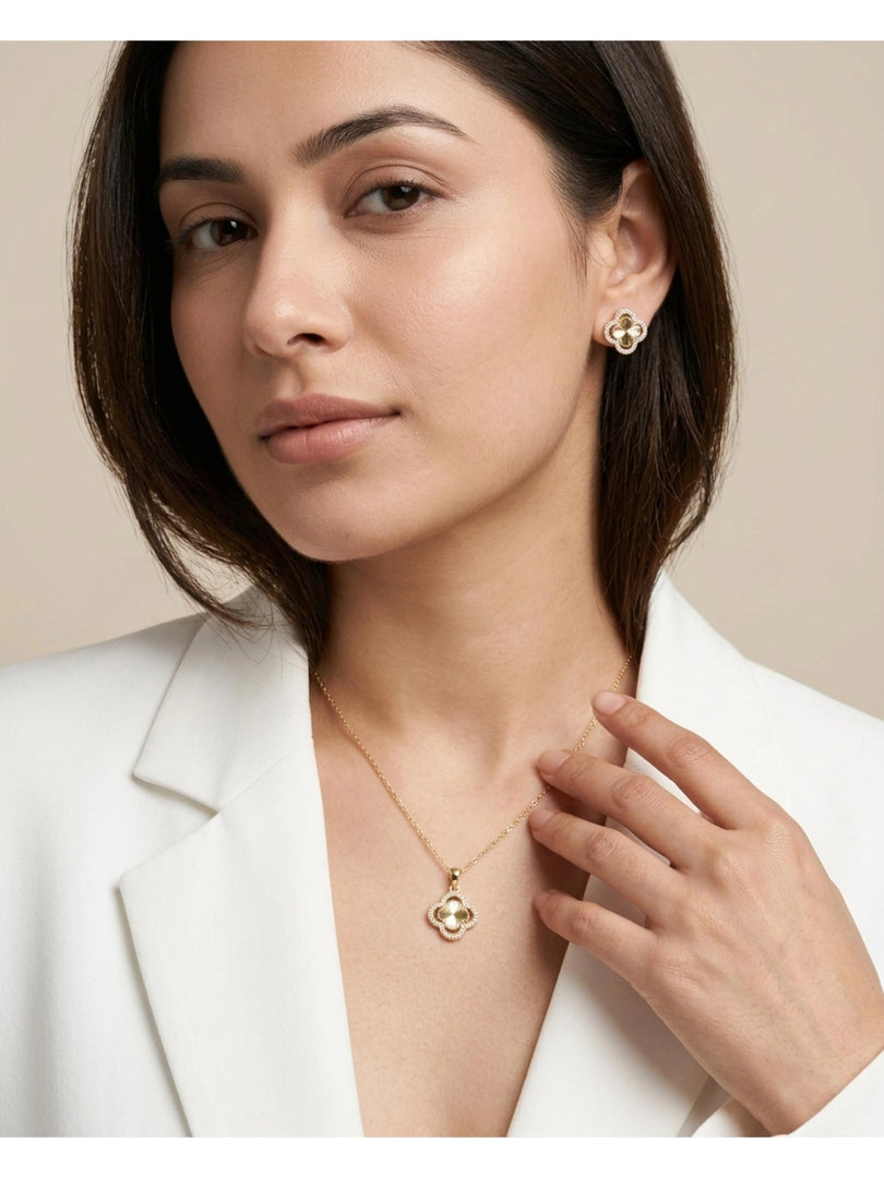 Golden Clover Sunburst Pendant Necklace & Earrings Set