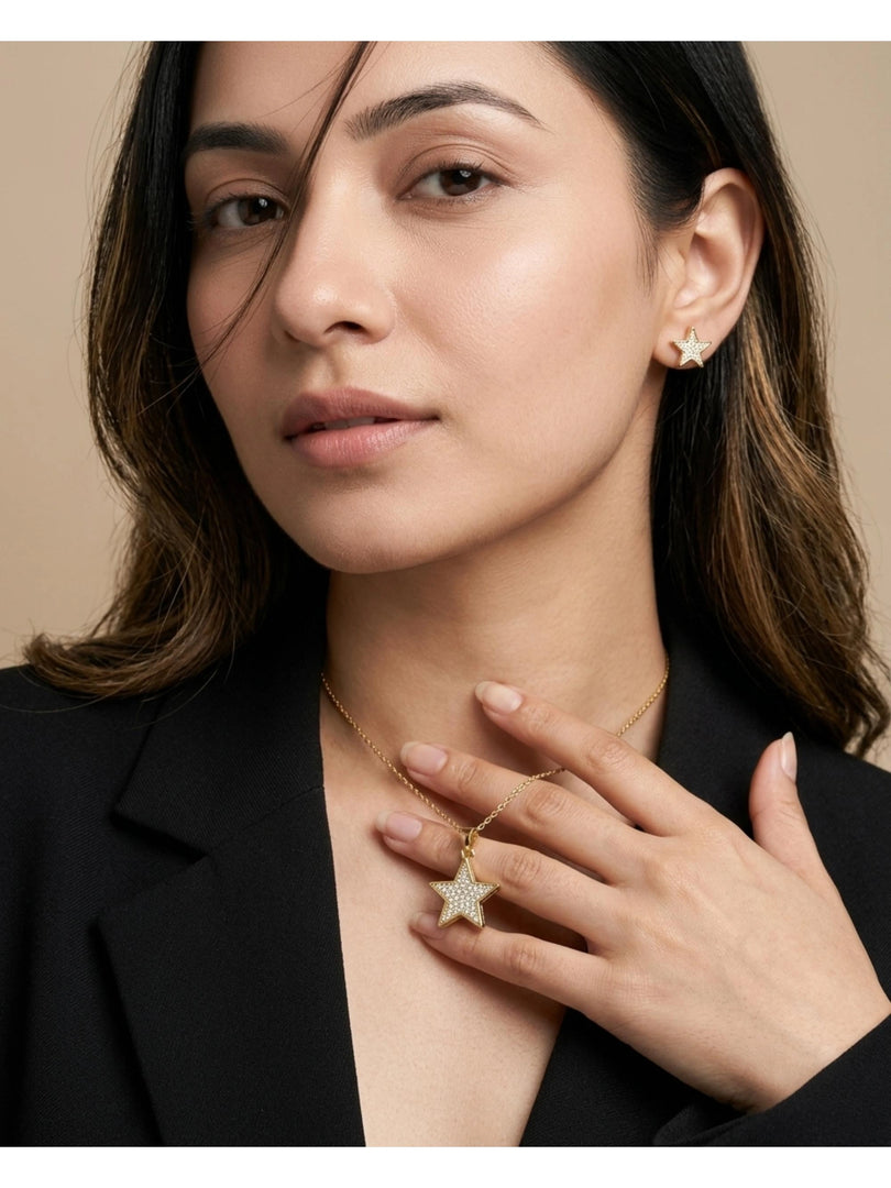 Golden Star Sparkle Pendant Necklace & Earrings Set