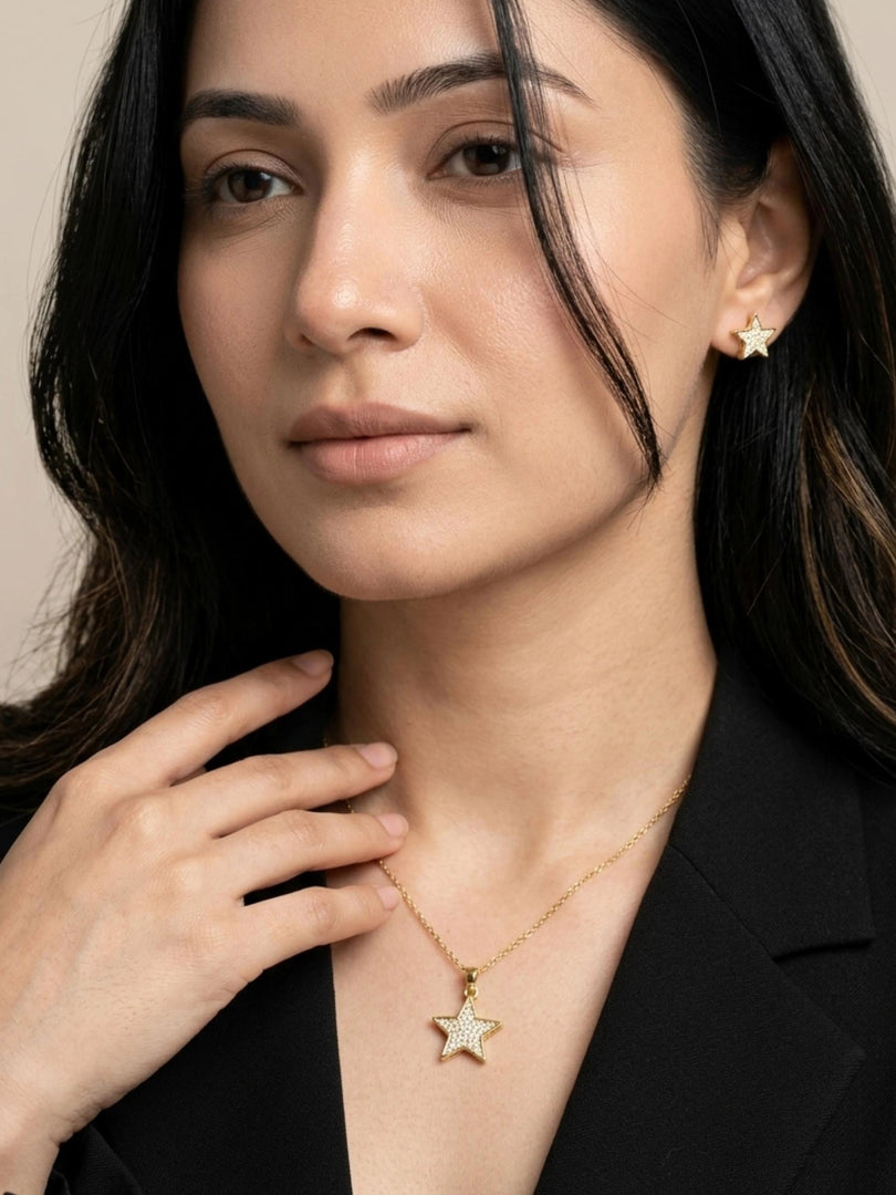 Golden Star Sparkle Pendant Necklace & Earrings Set