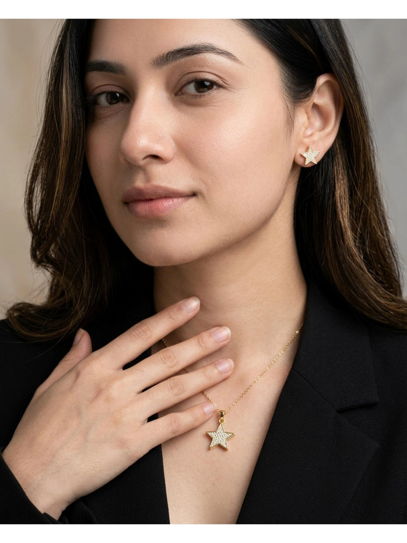 Golden Star Sparkle Pendant Necklace & Earrings Set