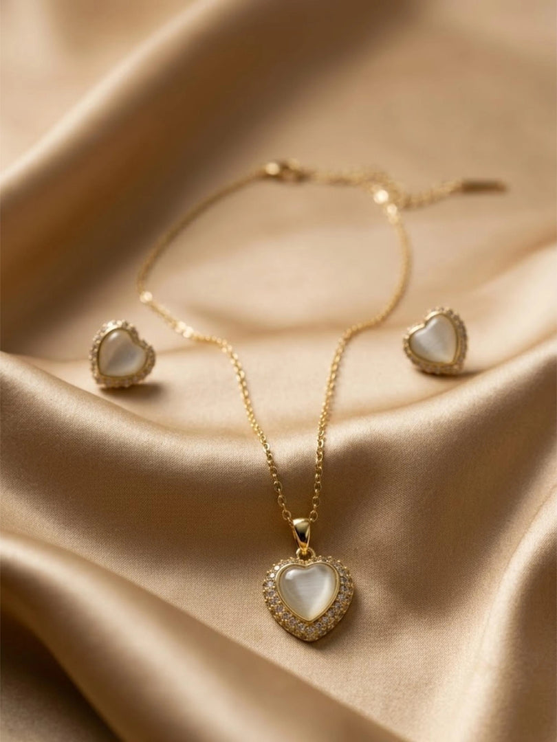 Opal Heart Halo Necklace, Earrings & Bracelet Set