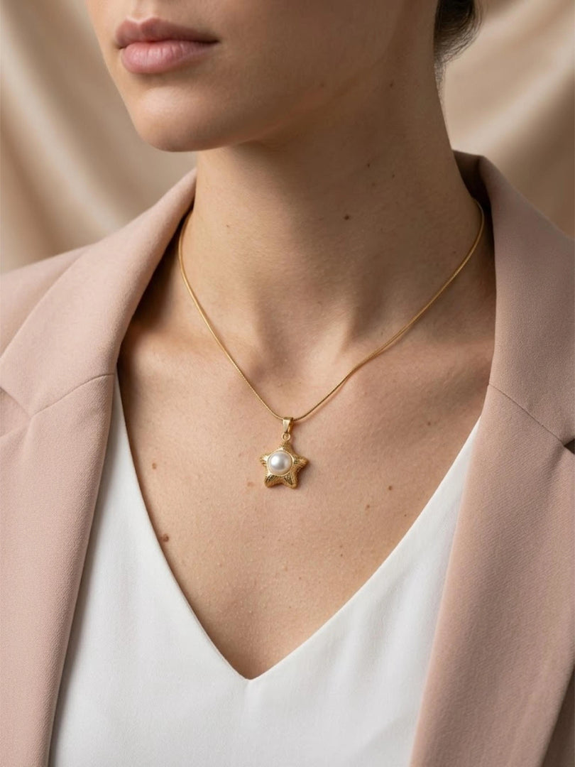 Golden Starfish Pearl Pendant Necklace