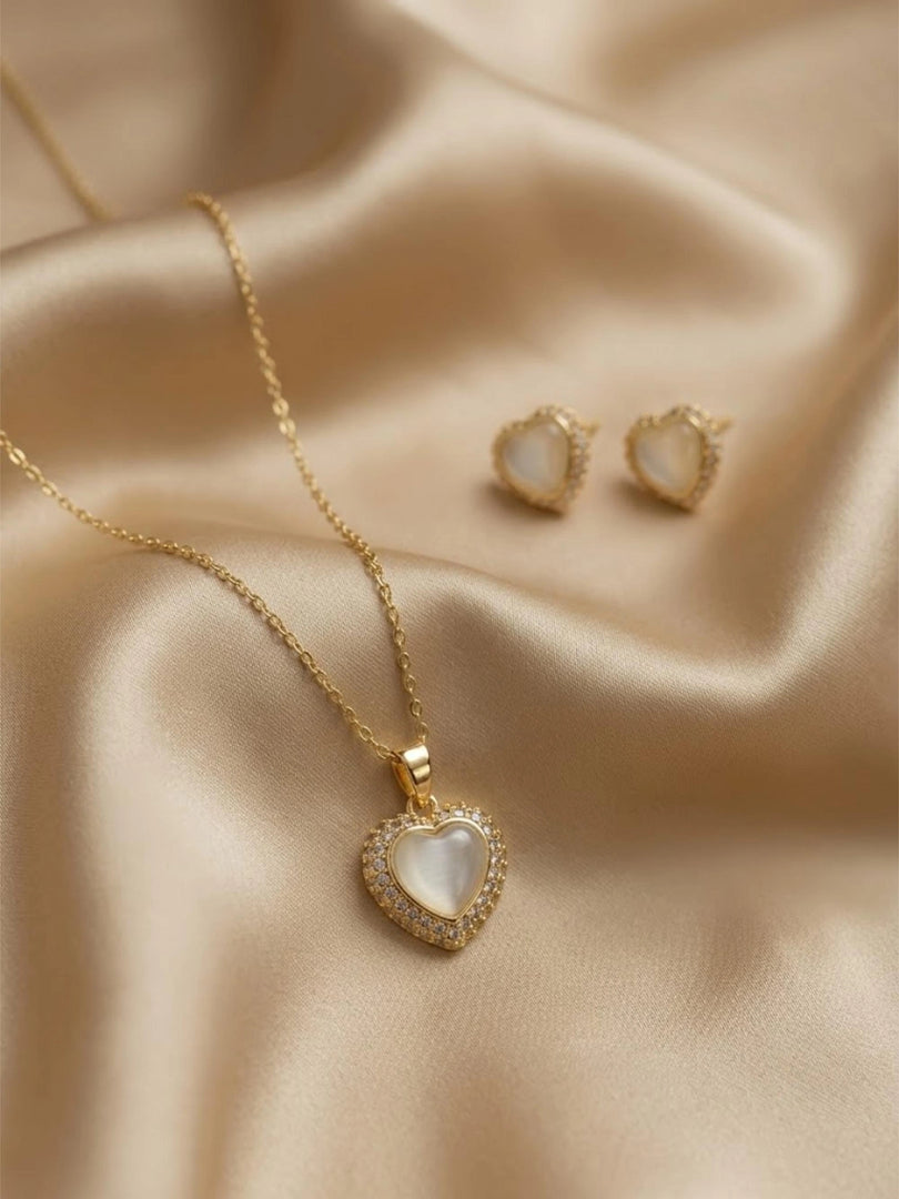 Opal Heart Halo Necklace, Earrings & Bracelet Set