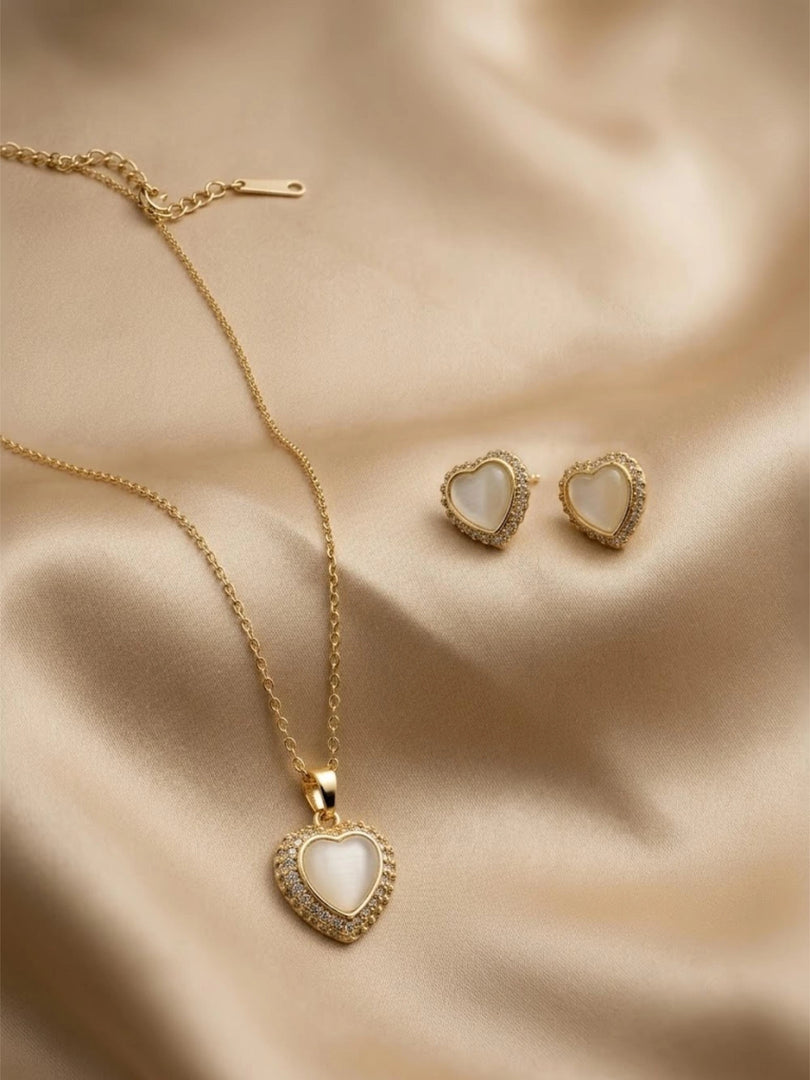 Opal Heart Halo Necklace, Earrings & Bracelet Set