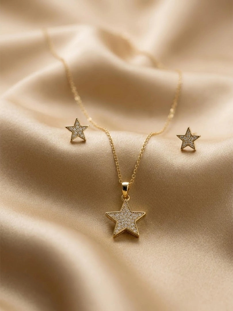 Golden Star Sparkle Pendant Necklace & Earrings Set
