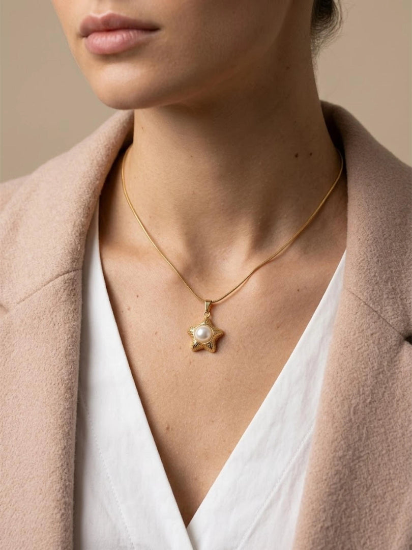 Golden Starfish Pearl Pendant Necklace