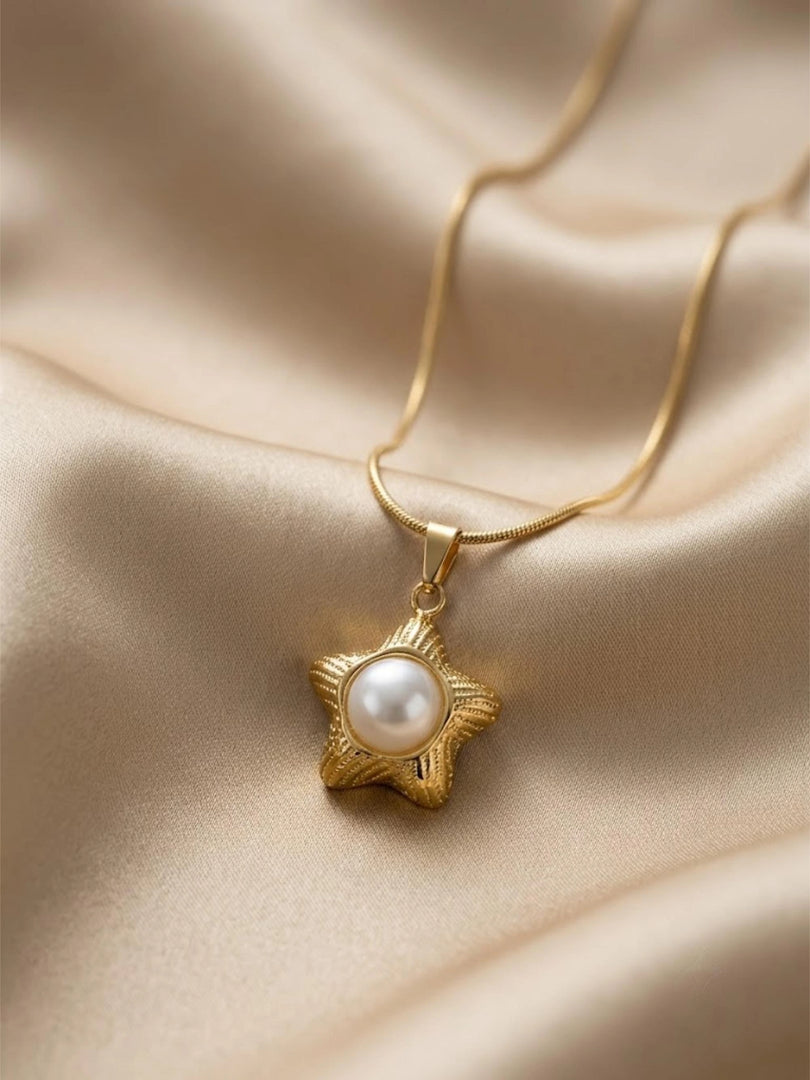 Golden Starfish Pearl Pendant Necklace